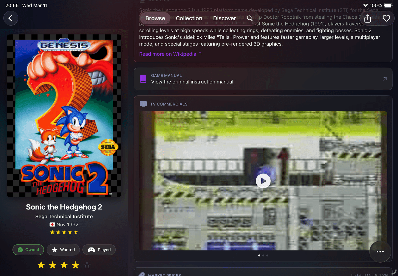 Game detail on iPad - Sonic the Hedgehog 2