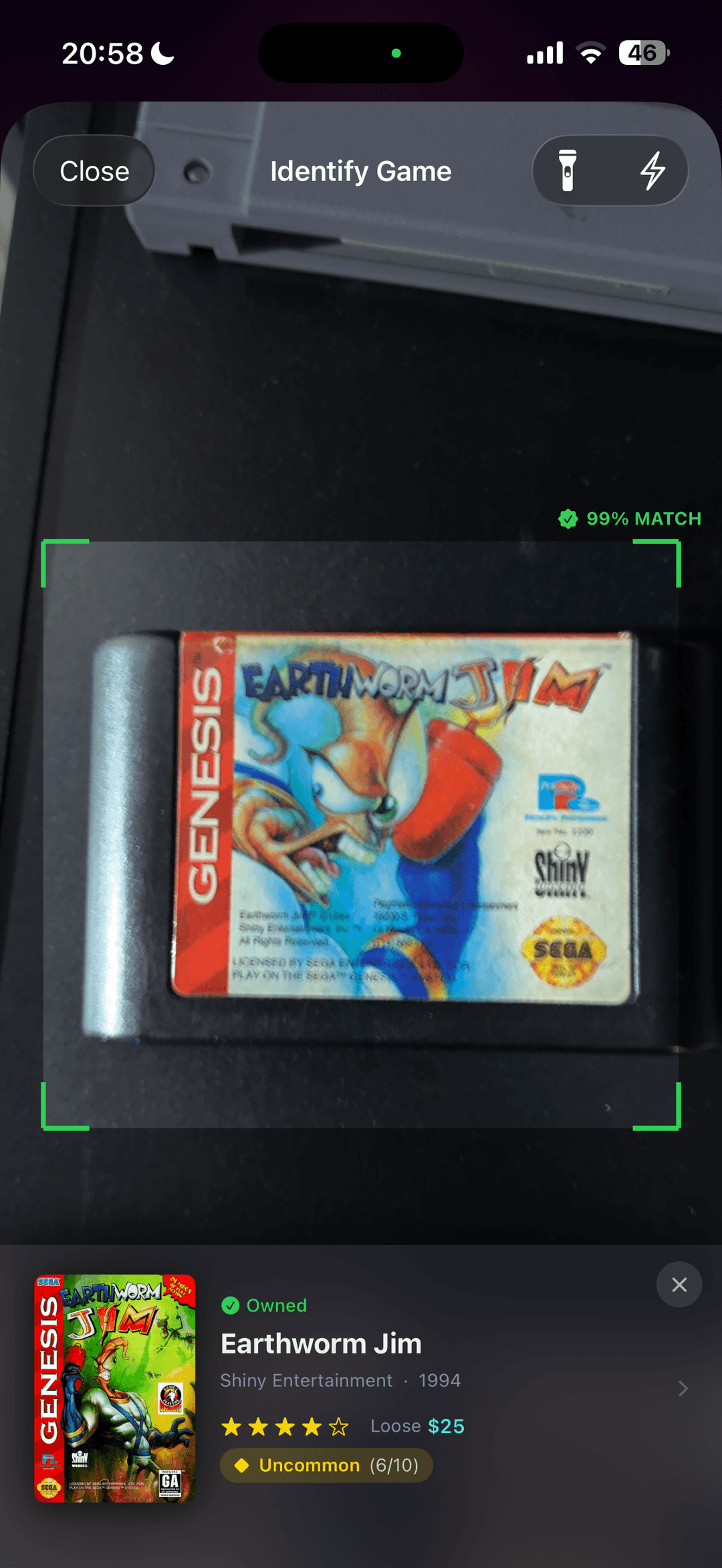 Identifying Earthworm Jim Genesis cartridge with 99% match